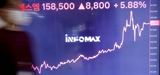 A display at the Yonhap Infomax building in Jongno District, central Seoul, shows SM Entertainment's stock closing at 158,500 won ($120), 8,800 won, or 5.88 percent, higher than the previous session's close. The stock price of the K-pop agency at the center of a management battle rose to 161,200 won during the session, the highest since the agency's listing. [YONHAP]
