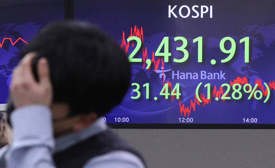 A screen in Hana Bank's trading room in central Seoul shows the Kospi closing at 2,431.91 points on Wednesday, down 31.44 points, or 1.28 percent, from the previous trading day. [NEWS1]