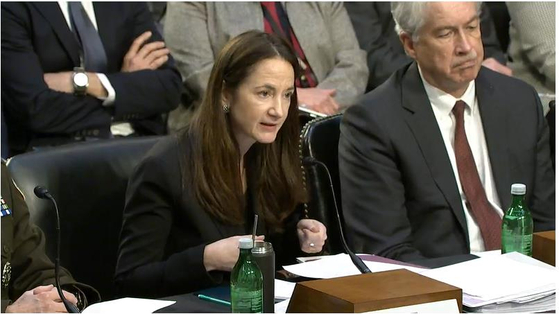 Avril Haines, director of national intelligence, left, speaks during a Senate intelligence committee hearing in Washington on Wednesday over the release of the 2023 Annual Threat Assessment report. [SCREEN CAPTURE]