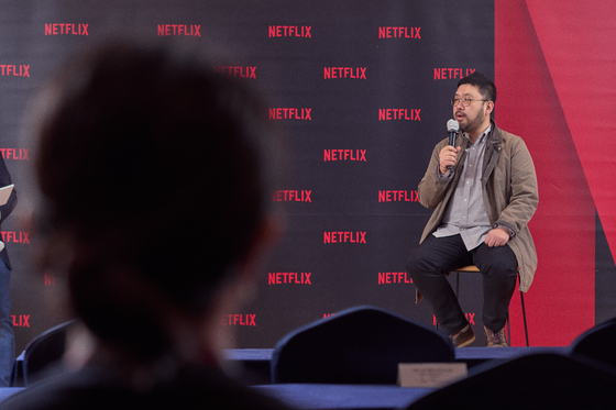 Main producer Cho Sung-hyun speaks during a press conference about the Netflix documentary series ″In the Name of God: A Holy Betrayal″ at Lotte Hotel in Jung District, central Seoul, on Friday. [NETFLIX]               
