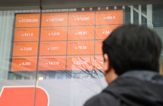 An electronic display board at the Bithumb office in southern Seoul on Sunday shows a fall in cryptocurrencies following the collapse of Silicon Valley Bank Financial Group on Friday. 