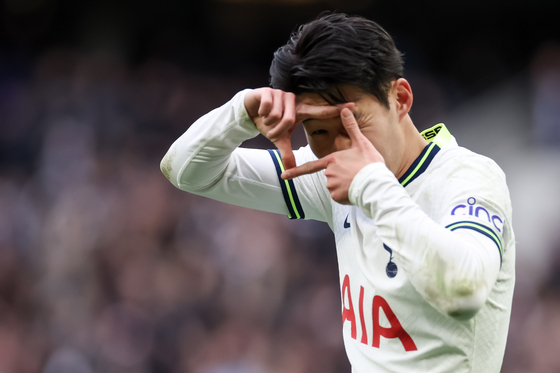 Son Heung-min of Tottenham Hotspur celebrates scoring the third goal during a Premier League match against Nottingham Forest at Tottenham Hotspur Stadium in London on Saturday.  [EPA/YONHAP]