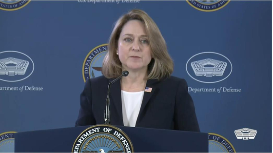 Deputy Secretary of Defense Kathleen Hicks speaks during a press briefing at the Pentagon in Washington on Monday. [SCREEN CAPTURE]