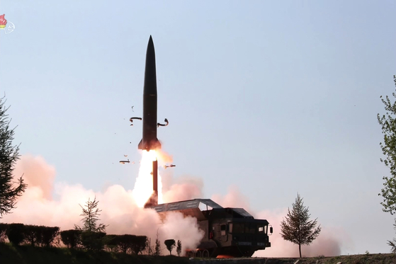 Footage from the Korean Central Televsion (KCTV) shows the launch of a North Korean KN-23 short-range ballistic missile (SRBM) from a transporter erector launcher on May 9, 2019. [YONHAP]