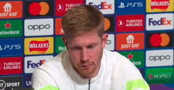 Manchester City's Kevin de Bruyne speaks at Monday's press conference about his ambition to win the Champions League ahead of the second leg of the round of 16 against RB Leipzig on Tuesday. [ONE FOOTBALL]