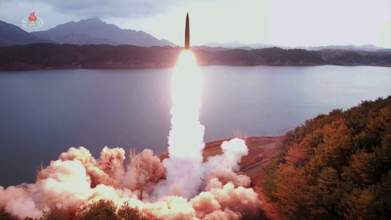 Footage broadcast by Pyongyang's Korean Central Television (KCTV) shows one of the two ballistic missiles that were launched from Jangyon, South Hwanghae Province on Tuesday. [YONHAP]