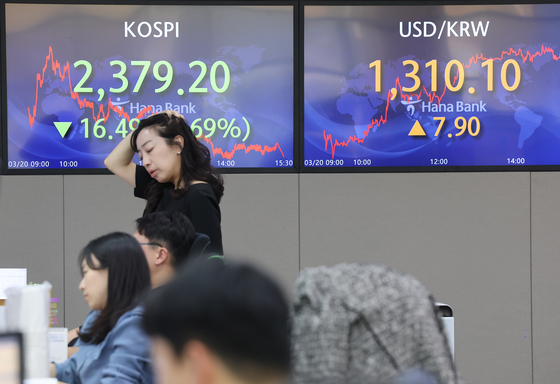 A screen in Hana Bank's trading room in central Seoul shows the Kospi closing at 2,379.20 points on Monday, down 0.69 percent, or 16.49 points, from the previous trading day. [YONHAP]