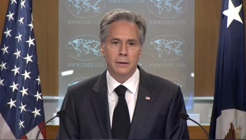 U.S. Secretary of State Antony Blinken speaks during a press briefing at the department in Washington on Monday on the release of 2022 Country Reports on Human Rights Practices. [SCREEN CAPTURE]