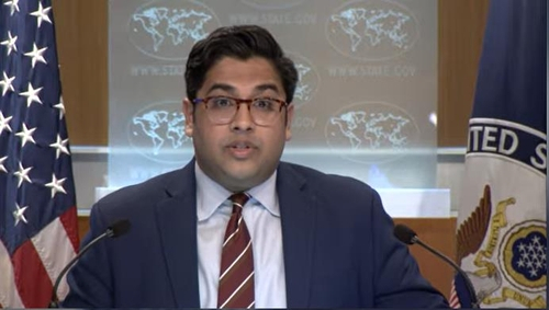 Vedant Patel, principal deputy spokesperson for the state department, speaks during a daily press briefing at the department in Washington on Tuesday. [SCREEN CAPTURE]
