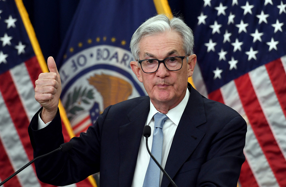 Federal Reserve Board Chair Jerome Powell speaks during a news conference in Washington on March 22. [AFP/YONHAP]