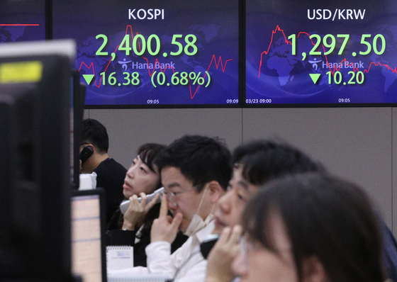 A screen in Hana Bank's trading room in central Seoul shows stock and foreign exchange markets open on Thursday. [NEWS1]