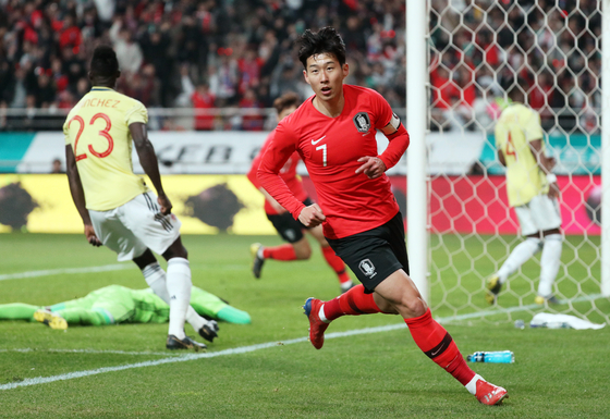 Son Heung-min celebrates after scoring Korea's first goal in a friendly with Colombia at Seoul World Cup Stadium in Mapo District, western Seoul on March 26, 2019. [NEWS1] 