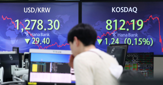 A screen in Hana Bank's trading room in central Seoul shows stock and foreign exchange markets close on Thursday. [NEWS1]