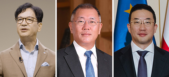 From left, CJ Group Chairman Lee Jay-hyun, Hyundai Motor Group Executive Chair Euisun Chung and LG Group Chairman Koo Kwang-mo [YONHAP]