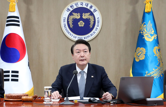 President Yoon Suk Yeol speaks at a Cabinet meeting at the presidential office in Yongsan District, central Seoul Tuesday. [JOINT PRESS CORPS]