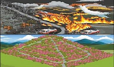 The virtual forest in 2ndblock, which was destroyed by a virtual fire, has been restored through the planting of virtual trees by participants. [DUNAMU]