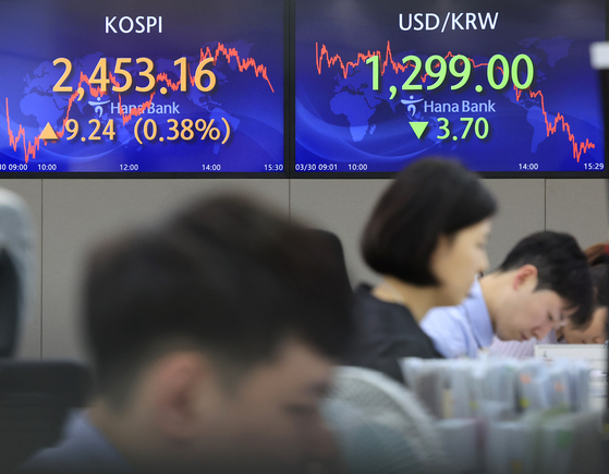 A screen in Hana Bank's trading room in central Seoul shows the Kospi closing at 2,453.16 points on Thursday, up 0.38 percent, or 9.24 points, from the previous trading day. [YONHAP]