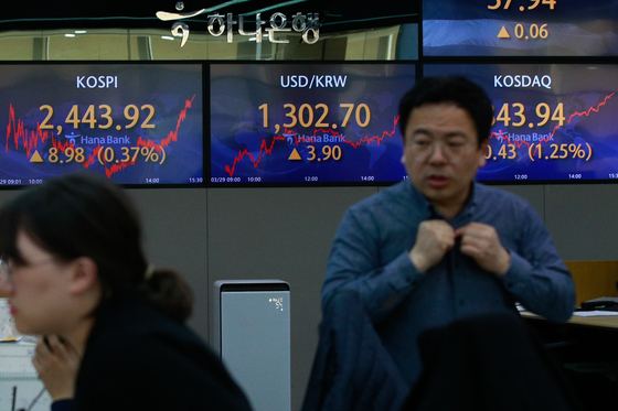 A screen in Hana Bank's trading room in central Seoul shows stock and foreign exchange markets close on Wednesday. [NEWS1]