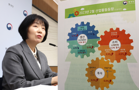 A senior official of Statistics Korea shows industrial output, private spending and investment all rose on month at the government complex in Sejong on Friday. [YONHAP]