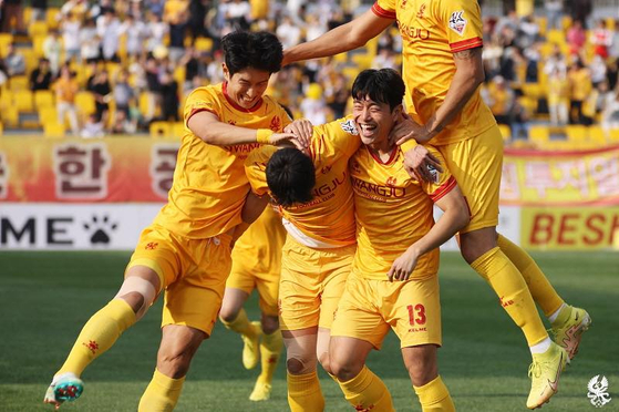 Gwangju FC players celebrate after scoring a goal in a K League game against Suwon FC at Gwangju Football Stadium in Gwangju in a photo shared on Gwangju's official Facebook account on Sunday. [SCREEN CAPTURE] 
