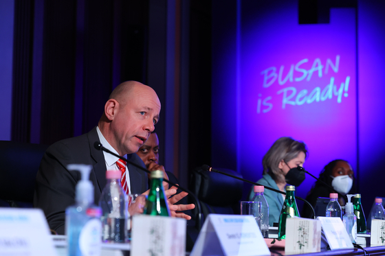 Patrick Specht, president of the BIE's Administration and Budget Committee, speaks during a presentation session on Busan's proposal to host the 2030 World Expo on Monday at Hotel Shilla in central Seoul. [BID COMMITTEE FOR WORLD EXPO 2030 BUSAN, KOREA]