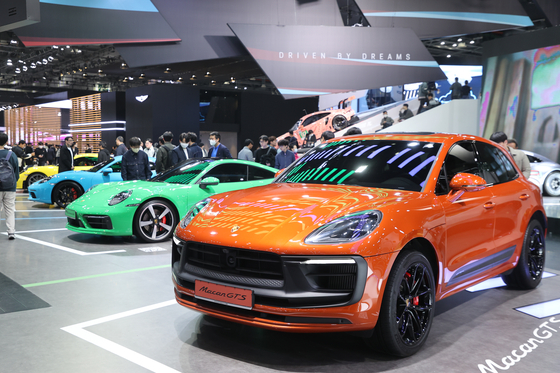 Porsche models are displayed at the Seoul Mobility Show at Kintex, Gyeonggi, on March 31. [YONHAP]