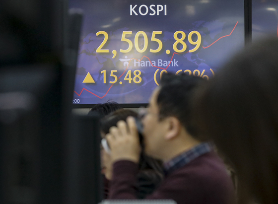 A screen in Hana bank in central Seoul shows Kospi rising above the 2,500 mark on Monday morning. [NEWS1]