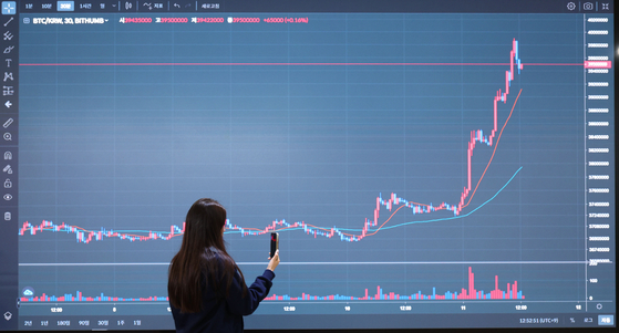 A display in the Bithumb building in Gangnam District, southern Seoul, shows the Bitcoin price soaring to near 40 million won ($30,200) on Tuesday. Bitcoin traded at 39 million won as of 8:30 a.m. Tuesday, up 4.38 percent from a day ago, at the crypto exchange Upbit. [YONHAP]