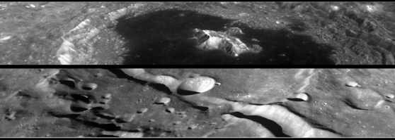 Top: An image of Tsiolkovskiy Crater on the far side of the moon, taken on March 22 by the Danuri lunar orbiter's high-resolution camera. Above: An image of Vallis Schrodinger, a 320 kilometer (199-mile) long and 8 to 10 kilometer wide valley near the south lunar pole, taken by Danuri on March 24 [MINISTRY OF SCIENCE AND ICT]