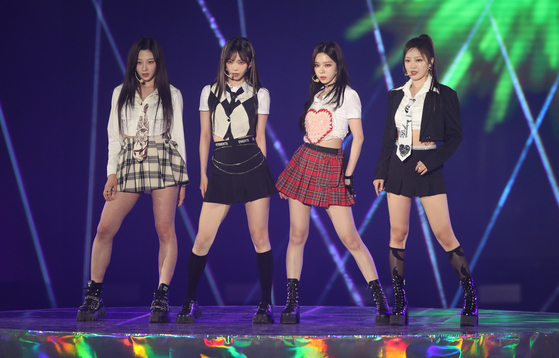Girl group aespa is on stage during its first-ever solo concert at KSPO Dome in Songpa District, souther Seoul on Feb. 18. The group is slated to release new EP "My World" next month. [NEWS1]