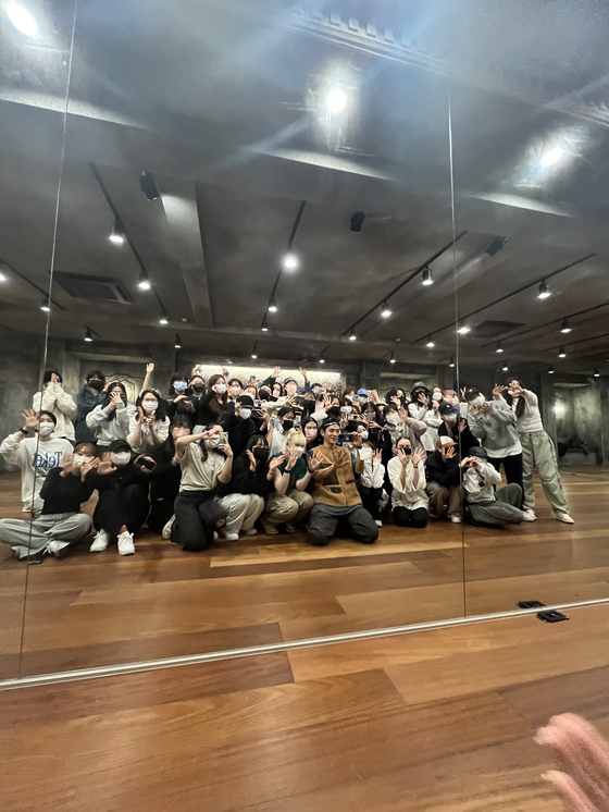 Students and their instructor after a choreography class at X Academy, YG Entertainment’s dance school. [SOFIA DEL FONSO]