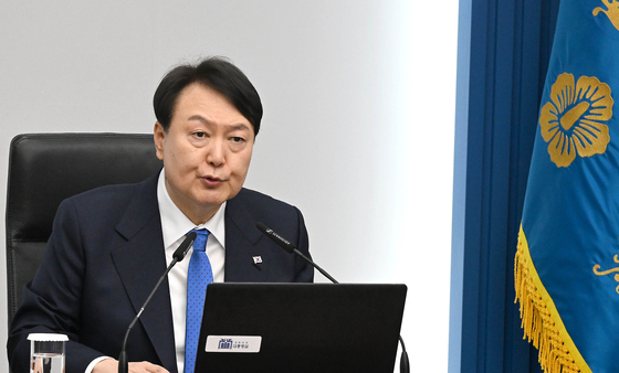 President Yoon Suk Yeol speaks during a Cabinet meeting at the Yongsan presidential office in central Seoul on Tuesday. [JOINT PRESS CORPS]