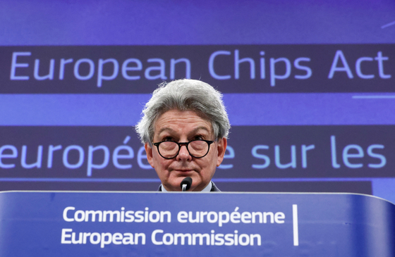Thierry Breton, European Internal Market Commissioner, speaks on the European Chips Act aimed at strengthening the region's semiconductor manufacturing activities in Brussels, Belgium, in February 2022. [REUTERS/YONHAP]