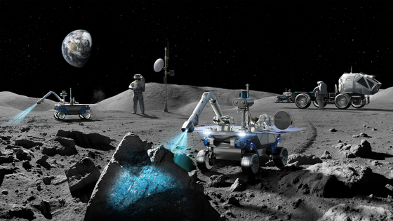 A rendered image of Hyundai's Rover exploring the surface of the moon. [HYUNDAI MOTOR]
