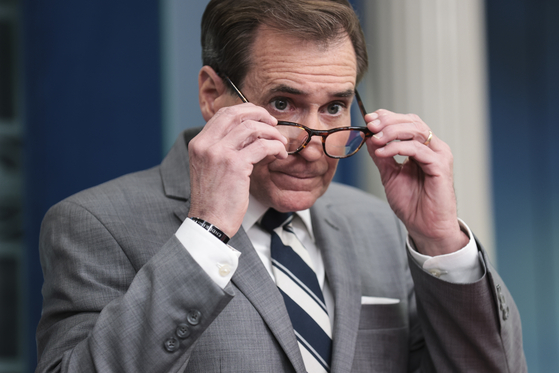 National Security Advisor for Strategic Communications John Kirby adjusts his glasses as he attends the daily press briefing in the James Brady Room at the White House in Washington on Thursday. [EPA/YONHAP] 
