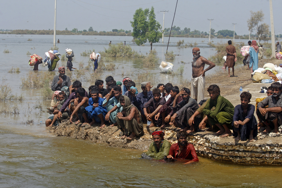 Victims of heavy flooding from monsoon rains wait to receive relief aid from the Pakistani Army in the Qambar Shahdadkot district of Sindh Province, Pakistan, on Sept. 9, 2022. [AP/YONHAP]