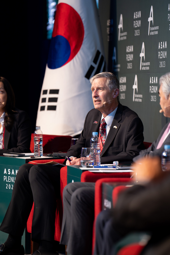 Bruce Bennet, security expert with RAND Corporation, speaks at the Asan Plenum 2023 in Seoul on Tuesday. [ASAN INSTITUTE FOR POLICY STUDIES]