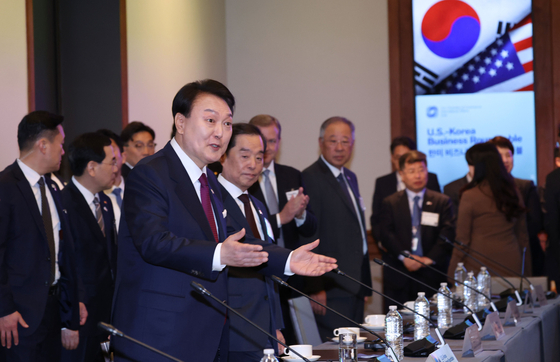 President Yoon Suk Yeol speaks at a Korea-U.S. business roundtable in Washington on Tuesday. [JOINT PRESS CORPS]