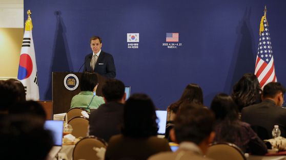 John Kirby, White House National Security Council coordinator for strategic communications, takes questions from Korean reporters at a press conference at a hotel in Washington Tuesday. [JOINT PRESS CORPS]