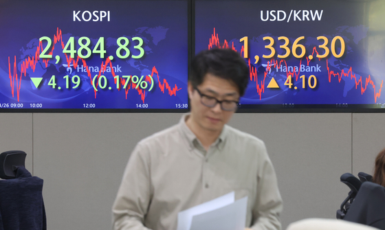 A screen in Hana Bank's trading room in central Seoul shows the Kospi closing at 2,484.83 points on Wednesday, down 0.17 percent, or 4.19 points, from the previous trading day. [YONHAP]