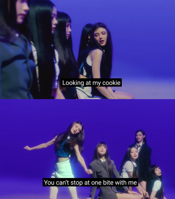 NewJeans' debut song “Cookie” (2022) faced backlash for lyrics that can be interpreted as sexual innuendo. [SCREEN CAPTURE]
