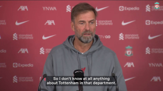 Liverpool manager Jurgen Klopp talks about Tottenham Hotspur’s recent form and the challenge of facing the Spurs at Anfield during a pre-match press conference on Friday. [ONE FOOTBALL] 