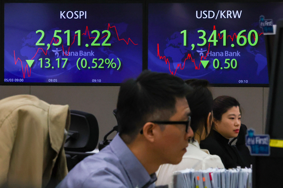 A screen in Hana Bank's trading room in central Seoul shows stock and foreign exchange markets open on Wednesday. [YONHAP]