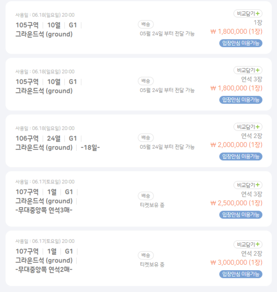 Screenshot from a ticket resale website shows tickets for Burno Mars' Seoul concert selling for over six times its original price [SCREEN CAPTURE]