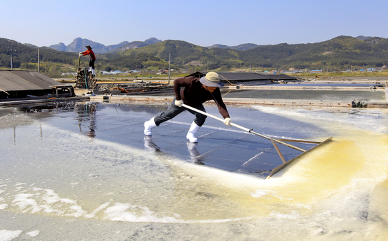 Salt farmers at Gomso Salt Flat in Buan Country, North Jeolla harvest salt. [LIM HYUN-DONG]