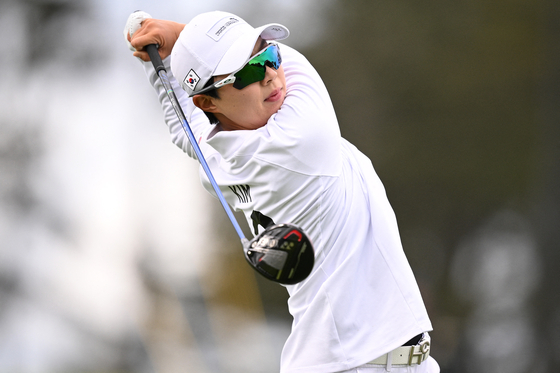 Kim Hyo-joo plays her shot from the 16th tee during the Hanwha Lifeplus International Crown at TPC Harding Park on Saturday in San Francisco, California. [AFP/YONHAP]