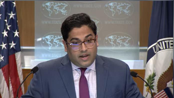 Vedant Patel, deputy spokesperson for the state department, talks to reporters during a daily press briefing at the department in Washington on Monday. [SCREEN CAPTURE]