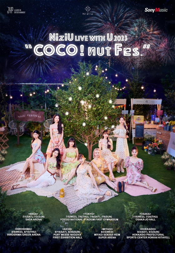 Poster for girl group NiziU's second Japanse tour ″NiziU Live with U 2023 'Coco! nut Fes.″[JYP ENTERTAINMENT, SONY MUSIC LABELS INC]
