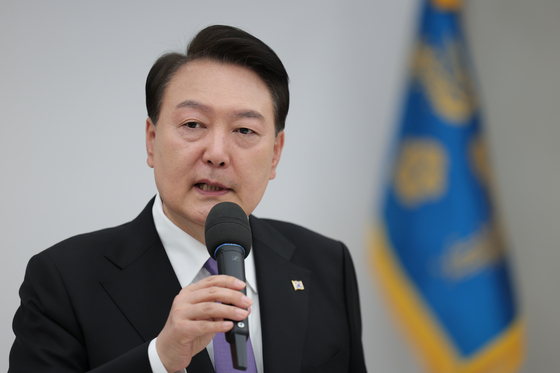 President Yoon Suk Yeol speaks during a luncheon with the leadership of the People Power Party (PPP) held in commemoration of his one-year anniversary in office at the presidential office on May 10. [PRESIDENTIAL OFFICE]