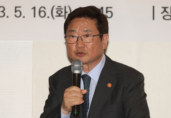 Park Bo-gyoon, minister of culture, sports and tourism, speaks during a press conference held on Tuesday to mark his first year of taking office. [YONHAP] 